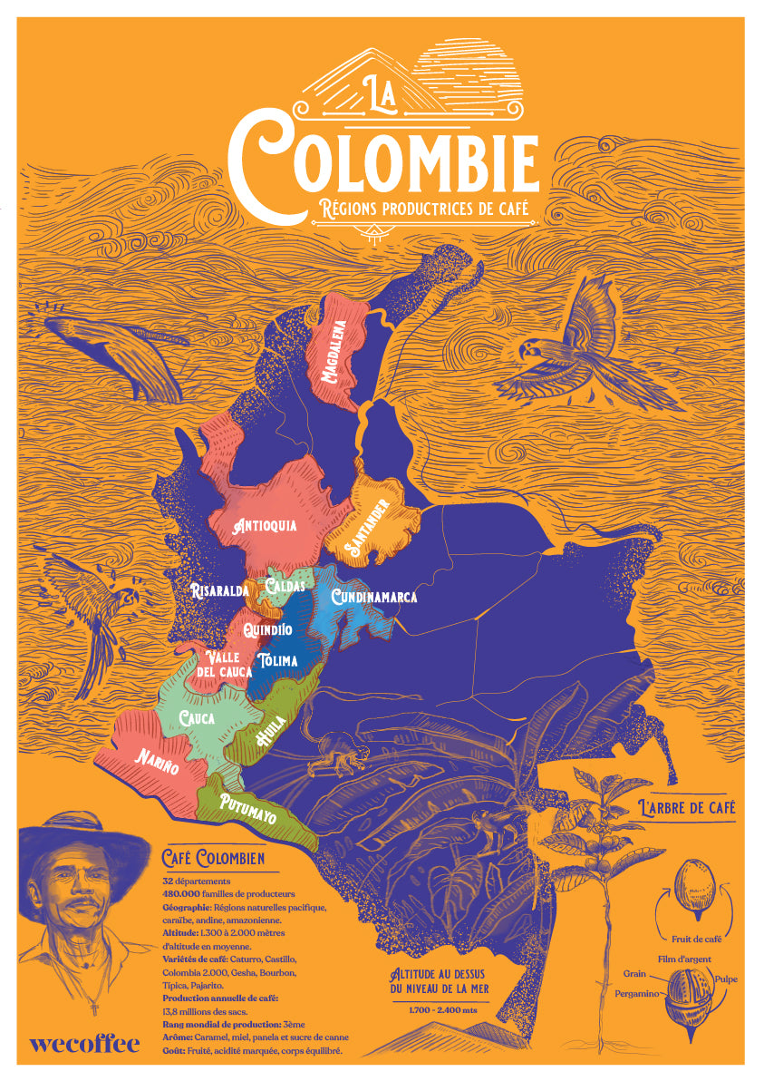 Poster La carte de café Colombien. Format A3