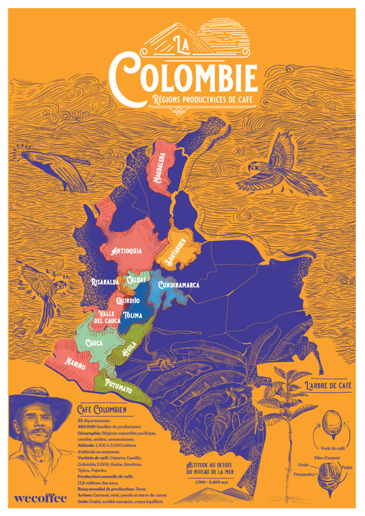 Poster La carte de café Colombien. Format A3